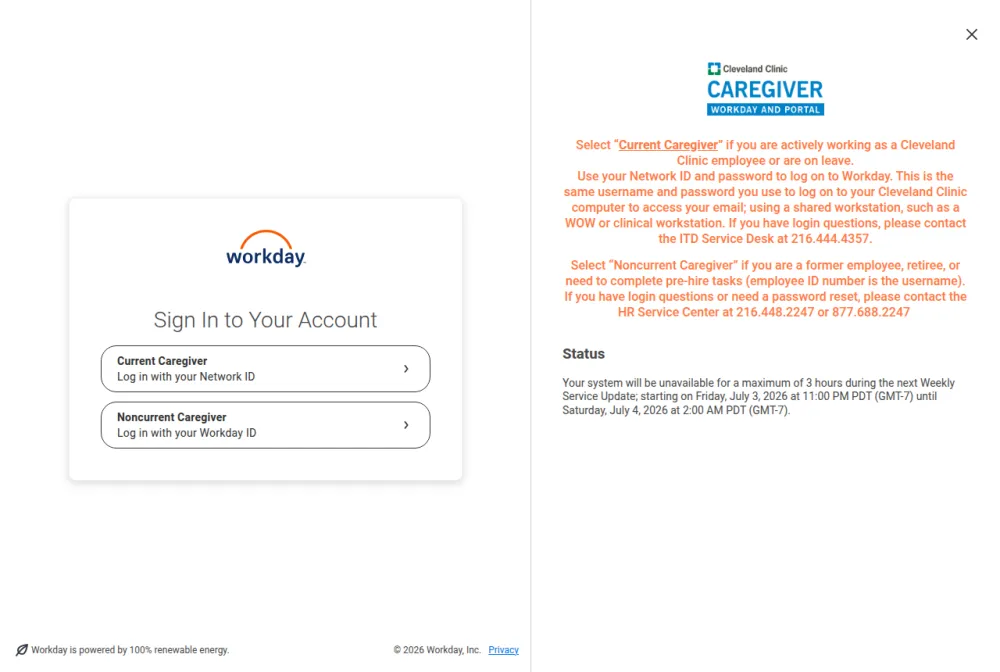 Cleveland Clinic employee login portal screenshot