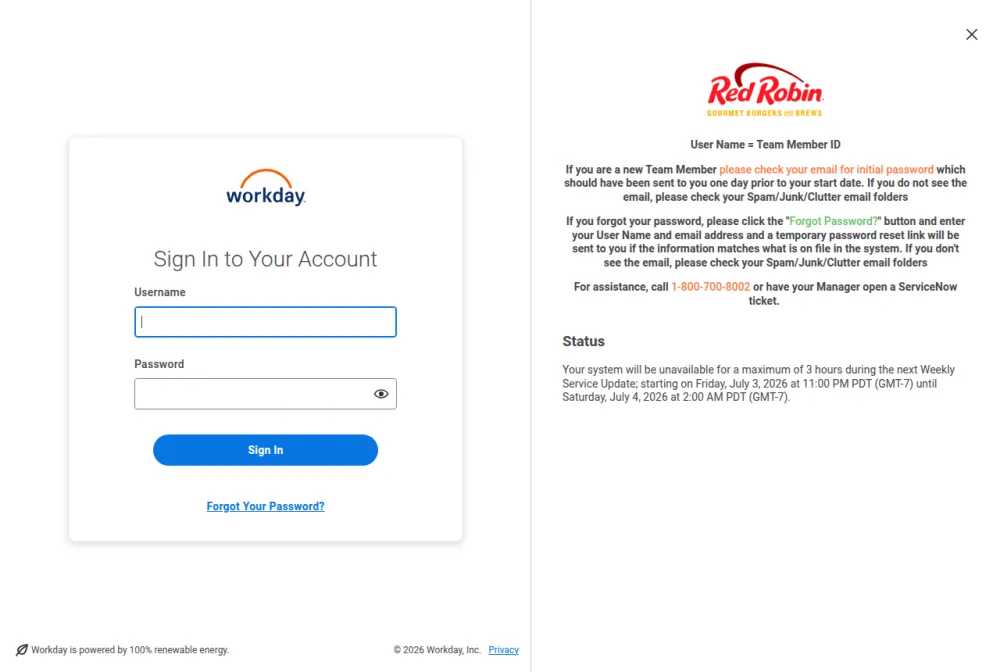 Red Robin employee login portal screenshot