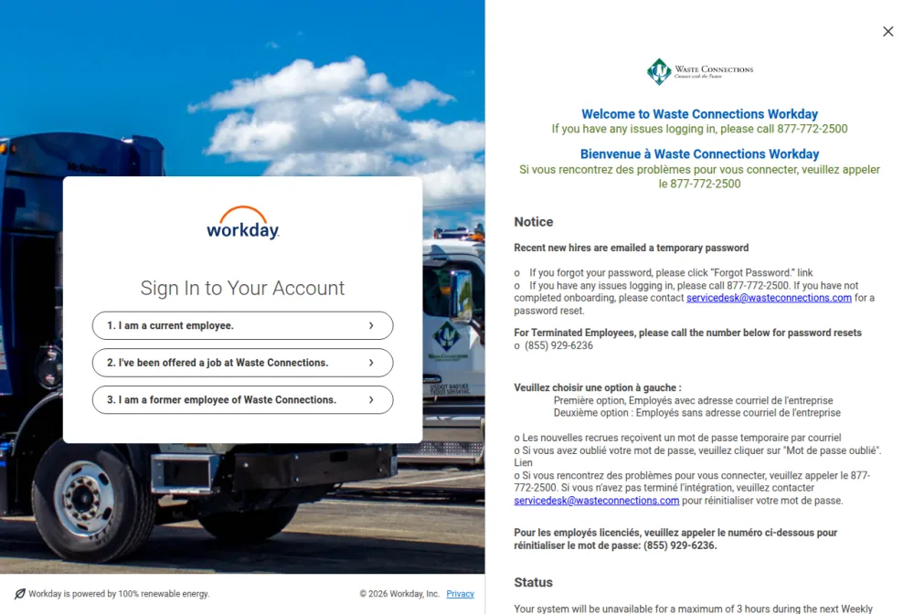 Waste Connections employee login portal screenshot